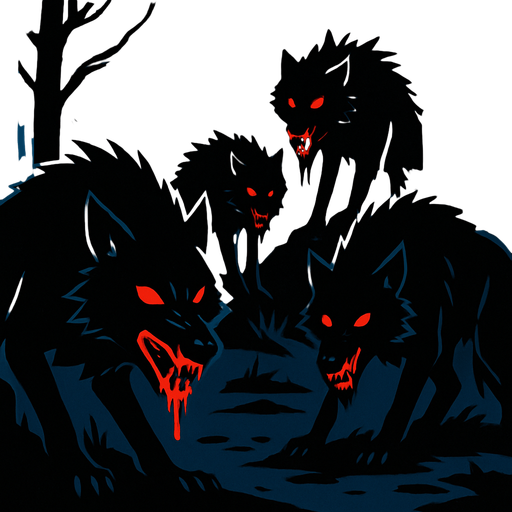 a dark forest with bloodthirsty black wolves.
In-Game asset.  2d.  High contrast.  No shadows