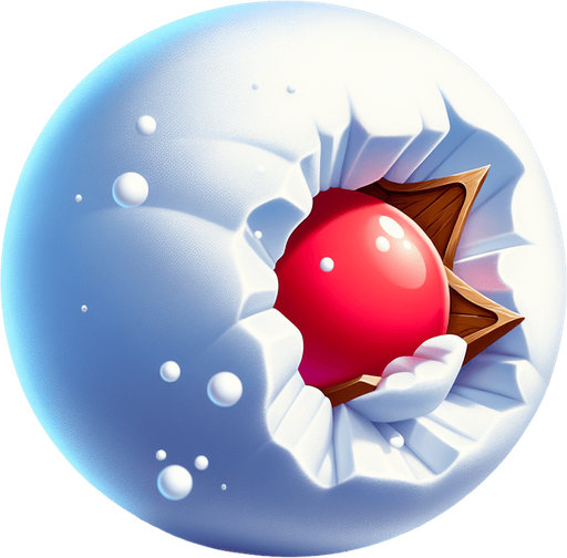 a red nut hidden in a snowball, side view, cartoon.
Single Game Texture. In-Game asset. 2d. Blank background. High contrast. No shadows.