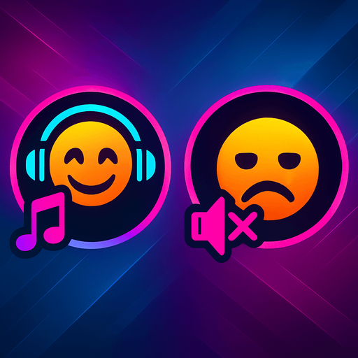 Icons for music & muted music by with emoji have headphone and happy and one doesn't have and sad. HD colors. future. cyberpunk+Abstract.
In-Game asset.  2d.  High contrast.  No shadows