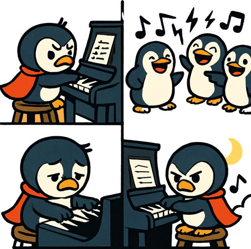 4-panel comic strip, no text, cute cartoon style, bright colors, black outlines.
Characters: Penguin Hero (small, determined) + Village Penguins
Central Theme: Music connects hearts, piano mastery wins love. Story: Hero faces challenges and obstacles in his musical journey

Panel 1: Hero struggles with difficult piano piece, frustrated
Panel 2: Other penguins mock his practicing, musical notes look harsh/jagged
Panel 3: Hero's flippers are sore, he looks exhausted
Panel 4: But Hero persists, practicing by moonlight, determined expression
In-Game asset.  2d.  High contrast.  No shadows