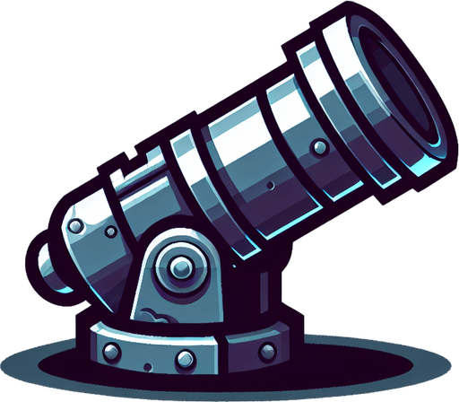 Type: 2D sprite (top-down or side view).
Style: Cartoonish or futuristic metallic cannon.
Animation: Slight recoil effect when shooting.
Size: Medium (fits at the bottom of the screen)..
Single Game Texture.  In-Game asset.  2d.  Blank background.  High contrast.  No shadows