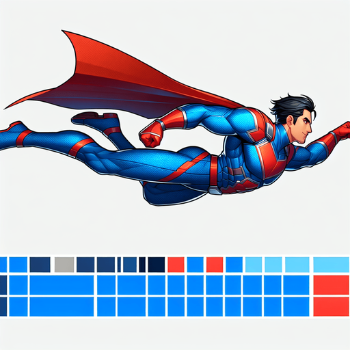 Side view of superman flying from left to right, with his fist pushed out in front of him.
Single Game Texture. In-Game asset. 2d. Blank background. High contrast. No shadows.