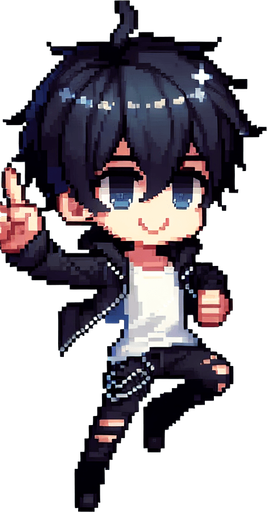 pixel person with black hair, black pants, black eyes, and blue clothes making a V with hands jumping in a rain of diamonds.
Single Game Texture.  In-Game asset.  2d.  Blank background.  High contrast.  No shadows