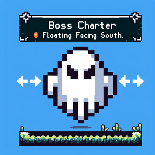 make a floating ghost 8bit boss for a game facing south.
Single Game Texture. In-Game asset. 2d. Blank background. High contrast. No shadows.