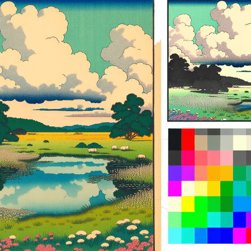 ghibli anime 2d style. meadow at lake. sky full of small with cloud.
Single Game Texture.  In-Game asset.  2d.  Blank background.  High contrast.  No shadows