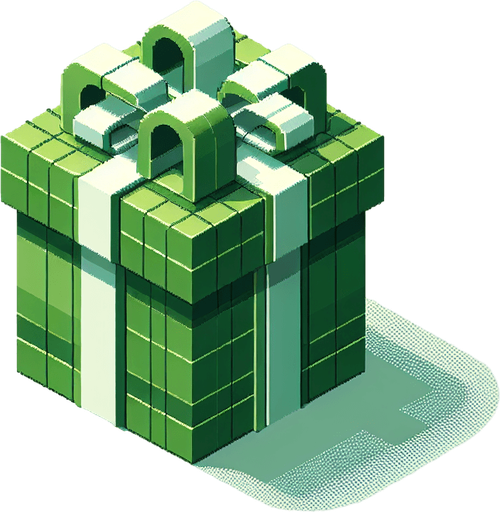 a big green and white christmas gift ornated. isometric view. nothing under. Single Game Texture. In-Game asset. 2d. Blank background. High contrast. No shadows.