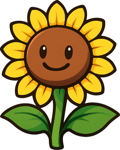 Un girasol con una cabeza redonda y marrón con pétalos amarillos brillantes que lo rodean como una corona. Su tallo es verde y tiene dos hojas grandes y anchas que sobresalen a los lados. En su cara, tiene dos ojos pequeños y negros, y una boca curvada en una sonrisa amigable..
In-Game asset.  High contrast.  No shadows