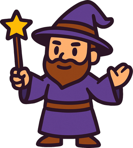 Mago con sombrero morado oscuro y marrón sin barba con varita con estrella, de cuerpo entero.
In-Game asset.  2d.  High contrast.  No shadows