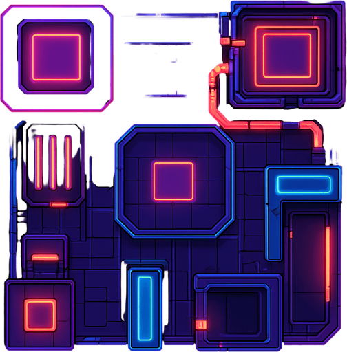 2D Top floor of complicated tower facing the screen to use it as a grid. future. Cyberpunk+abstract style. neon lights. seen from above. HD colors. No Diagonal assets.