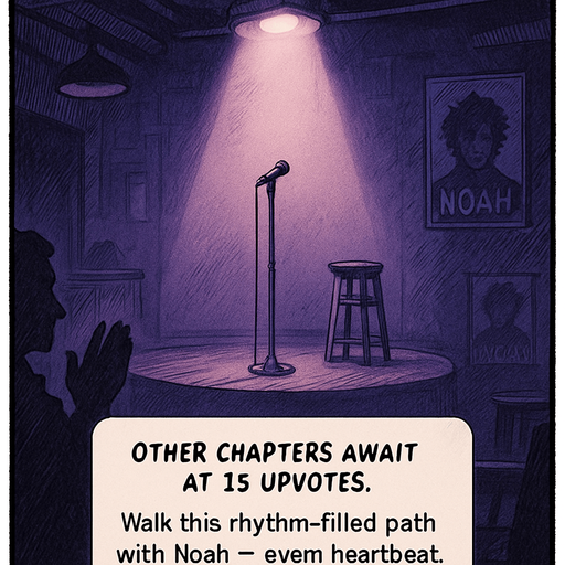 A vertical cinematic scene in a semi-realistic comic style with white photo-like borders. In the center, a spotlight shines down on a small empty stage inside a dimly lit club, hinting at anticipation. The atmosphere is emotional and moody, using purples and blues. A soft glow surrounds the narrator box in the center, which reads: “Other chapters await at 15 Upvotes. Walk this rhythm-filled path with Noah — every heartbeat, every tap, every vote counts.” The narrator box is rectangular with rounded edges, resembling a classic comic caption box. Background elements suggest quiet support — maybe a shadowy figure clapping, or faint posters of Noah. No characters shown clearly, just a stage awaiting the next act..
In-Game asset.  2d.  High contrast.  No shadows