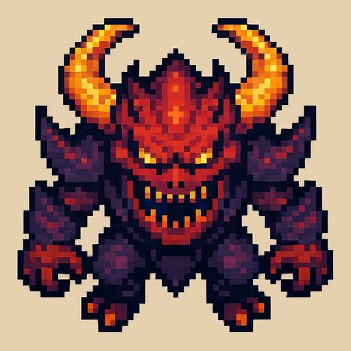 Un enemigo jefe nivel avanzado visto desde arriba, pixel cartoon..
In-Game asset.  2d.  High contrast.  No shadows