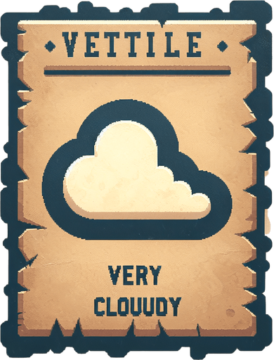 a pergament letter with the name "Very cloudy". It has a big cloud on it. vertical. Single Game Texture. In-Game asset. 2d. Blank background. High contrast. No shadows.