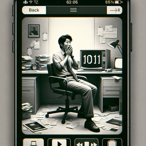 A clean mobile app interface designed to display photos from a user’s phone, with a retro aesthetic for the displayed image. The screen showcases a single black-and-white photo, styled to mimic a grainy 90s film capture. The photo shows a young man in his 30s, sitting in an office chair and looking surprised at the camera as if caught off guard.

The office environment is cluttered with retro elements like a CRT monitor, stacks of papers, a desk lamp, and a vintage rotary phone. The monitor subtly displays binary code '1011,' hidden among other on-screen data. The photo frame has faint edges, resembling a classic film border, with subtle scratches and grain to enhance the retro feel. The app interface itself is minimal, with a back arrow at the top-left and a small menu icon at the top-right, keeping the focus on the photograph..
Single Game Texture. In-Game asset. 2d. Blank background. High contrast. No shadows.