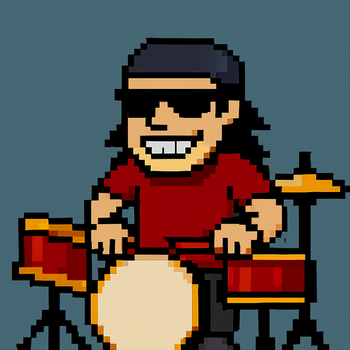 make the next frame when he is hitting the drums while grin smile with one's teeth showing, his hands are down and drumstick are on the drums