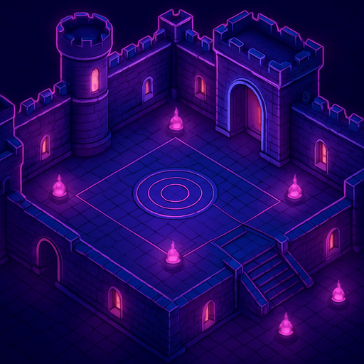 Top down isometric neon cyberpunk castle courtyard dungeon background large