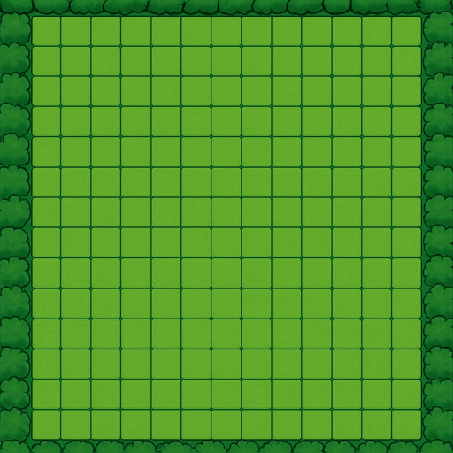 Crea una cuadricula de 28 x 35, en cada cuadrado añade un bloque de cesped. En los cuadros de los lados añade algunos arbustos. La dimension de la imagen debe ser de 2048 x 2732 pixels.
In-Game asset.  2d.  High contrast.  No shadows