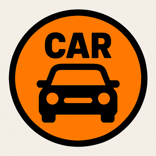 Car yazili araba temali turuncu ve daire bir dugme.
In-Game asset.  2d.  High contrast.  No shadows