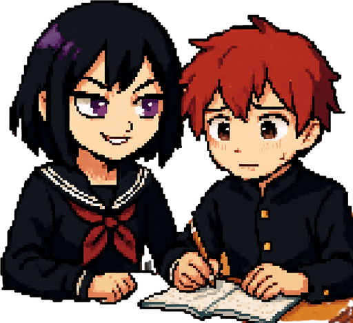 A cute anime-style girl in pixel art, with an emo aesthetic, striking purple eyes, and a classic Japanese school uniform (sailor fuku), is studying with furrowed brows and a confident smile. She sits next to a shy red-haired boy with red eyes, also in pixel art style. Their desks are pushed together, and on the boy’s desk lies an open notebook, which he nervously stares at while holding a graphite pencil. The girl looks at him with a mix of sternness and confidence, convinced he won’t pass the exam. The background depicts a typical Japanese classroom.