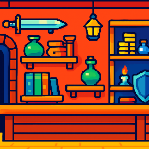 pixel shop background.
In-Game asset.  2d.  High contrast.  No shadows