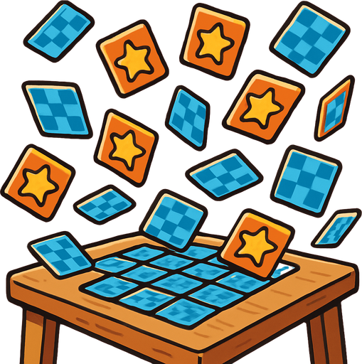 A table with the game Memory on it that got jostled so the card are flying in the air..
In-Game asset.  2d.  High contrast.  No shadows. Cartoon style. 3D image