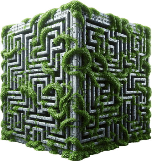 a big metal maze with vines covering it everyware.
Single Game Texture.  In-Game asset.  2d.  Blank background.  High contrast.  No shadows