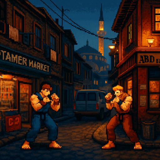 detailed pixelart, fighter style while keeping the original: details, color, and lighting. "Tamer Market" text can be seen
