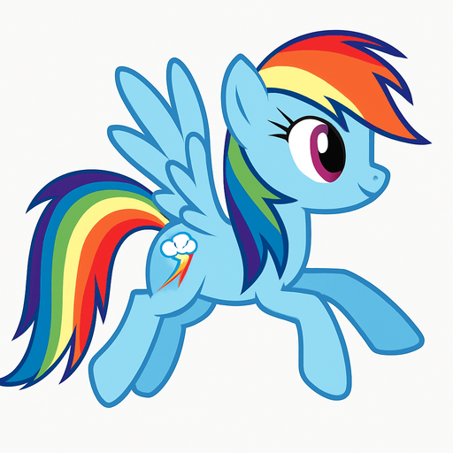 Rainbow Dash, flight position, 2D, side view.
In-Game asset.  2d.  High contrast.  No shadows
