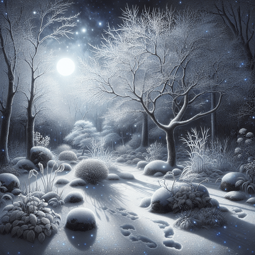 Photorealistic wonderfull Snowy winter garden at night