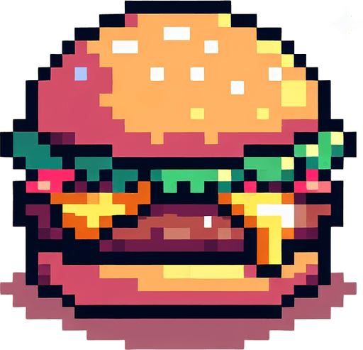 8 bit anime image delecious burger.
Single Game Texture.  In-Game asset.  2d.  Blank background.  High contrast.  No shadows