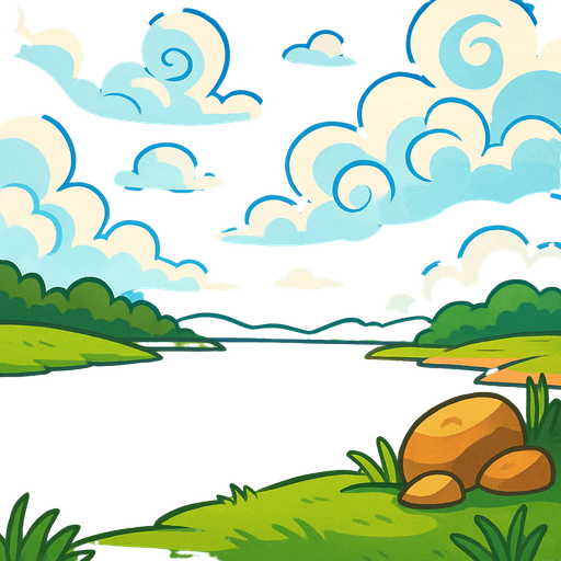 cartoony sky and bank of river