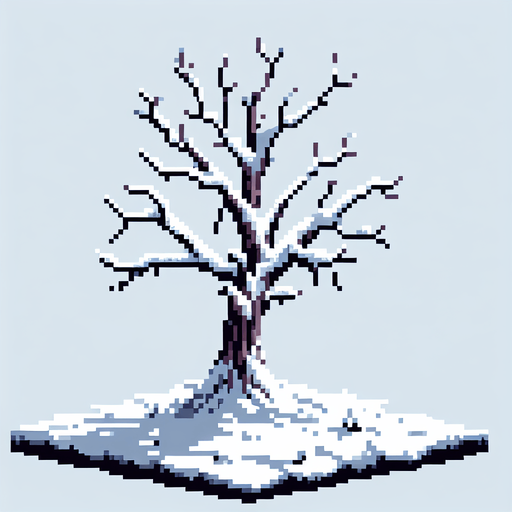 pixel art of a dead tree covered in snow. Single Game Texture. In-Game asset. 2d. Blank background. High contrast. No shadows.