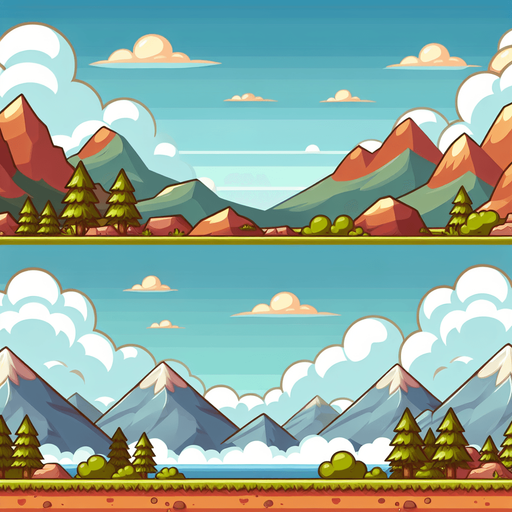 Distant clouds and mountains. Cartoony. Mario style.
Blank background.  High contrast.  No shadows
