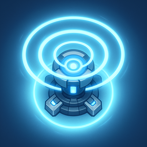 top-down view, futuristic support beacon tower, energy rings, radiant aura effect, soft blue and white glow, advanced tech support node.
In-Game asset.  2d.  High contrast.  No shadows