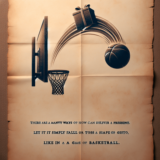 a pergament with a present throwed by someone into a basket at top, at the bottom there is the text: "There are many ways of how can throw a present. Let it just fall or throw it like a basketball."