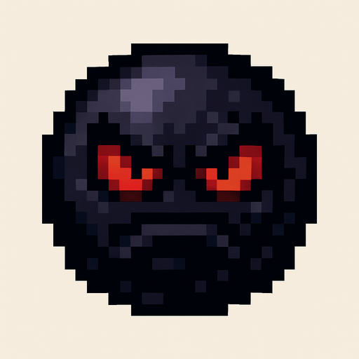 orbe oscuro de pixeles con cara enojada.
In-Game asset.  2d.  High contrast.  No shadows