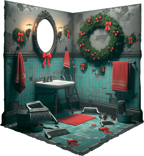 Eerie Christmas-inspired bathroom similar to a resident evil room
Single Game Texture. In-Game asset. 2d. Blank background. High contrast. No shadows.