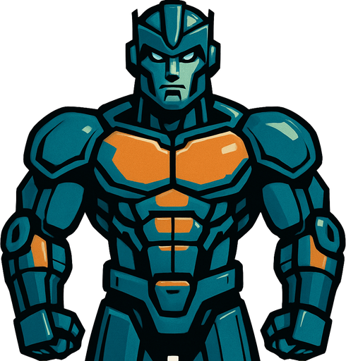 gözü açık güçlü yakışıklı robot.
In-Game asset.  2d.  High contrast.  No shadows