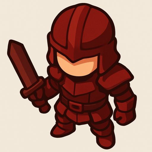 Guerrero vestido de cuero color rojo.
In-Game asset.  2d.  High contrast.  No shadows. Vista superior. Lineless. Chibi