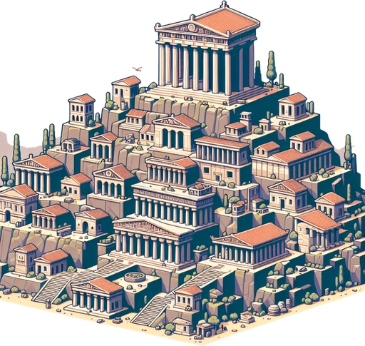 An animated image of an ancient greek city with an Acropolis.
Single Game Texture. In-Game asset. 2d. Blank background. High contrast. No shadows.