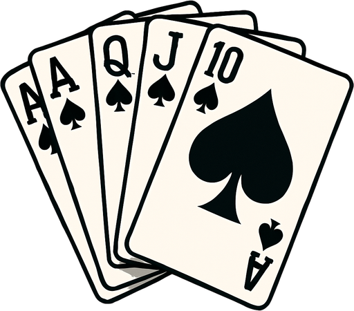 A fanned card hand that shows a royal flush in spades. Anime style.
In-Game asset.  2d.  High contrast.  No shadows