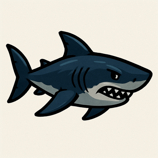 Shark.
Single Game Texture.  In-Game asset.  2d.  Blank background.  High contrast.  No shadows