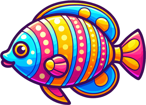 A tropical fish. Cartoon..
Single Game Texture.  In-Game asset.  2d.  Blank background.  High contrast.  No shadows
