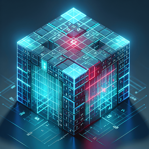Create an isometric 3D holographic cube resembling a Rubik's cube. The cube should display the top face and two adjacent side faces, each divided into a 3x3 grid of cells. Each cell must contain either a '1' or a '0' in a glowing cyan-blue monospace font, clearly visible on all three visible faces. A few specific cells across the cube should stand out with their binary digits ('1' or '0') highlighted in bright red. The entire cube should have a holographic look, with glowing gridlines separating the cells and a subtle flicker effect. Ensure the cube appears suspended in mid-air, projecting from a base below, with soft lighting and a sci-fi ambiance..
Single Game Texture. In-Game asset. 2d. Blank background. High contrast. No shadows.