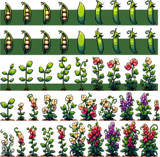 A spritesheet showing a pea plant in various stages of germantion, from pea over sapling and to full grown plant with colorful flowers, and then with ripe pea pods. The sprites should be laid out in a rectangular grid with blank space between them..
Single Game Texture. In-Game asset. 2d. Blank background. High contrast. No shadows.