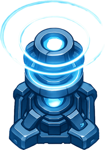 top-down view, futuristic support beacon tower, energy rings, radiant aura effect, soft blue and white glow, advanced tech support node.
In-Game asset.  2d.  High contrast.  No shadows