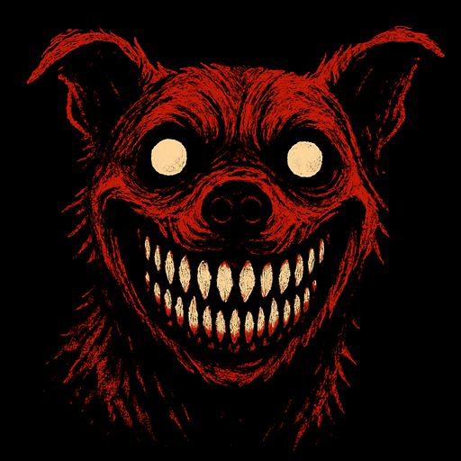 The image displays a highly disturbing and unsettling close-up of what appears to be a dog's head, heavily distorted and manipulated to create a horrific effect. The most striking feature is the dog's mouth, stretched into an impossibly wide and menacing grin that reveals numerous sharp, human-like teeth. Its eyes are wide open, round, and blank white or glowing, contributing to an overall vacant and soulless stare. The fur around its face and head is colored in aggressive shades of red and dark brown, giving it a bloodied or demonic appearance. The overall impression is that of a creature from a horror story, designed to evoke fear and discomfort. The background is completely black, isolating the terrifying subject and intensifying its impact..
In-Game asset.  2d.  High contrast.  No shadows