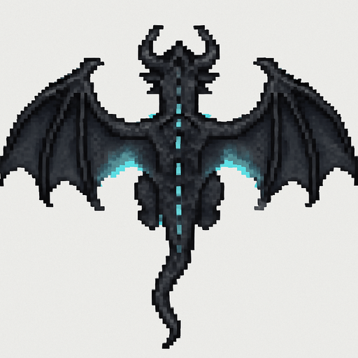“Pixel art dragon viewed from top-down, with wide leathery wings fully spread, long tail, visible back ridges and horns. Dark grey or black scales, subtle blue flame glow under the wings and spine, menacing but organic design. Sized to carry a small goblin rider on its back. 2D video game asset, fantasy themed.”.
In-Game asset.  2d.  High contrast.  No shadows.
In-Game asset.  2d.  High contrast.  No shadows