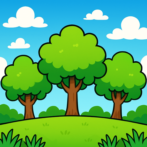 Fondo 2D con cielos y Arboles con cesped.
In-Game asset.  2d.  High contrast.  No shadows