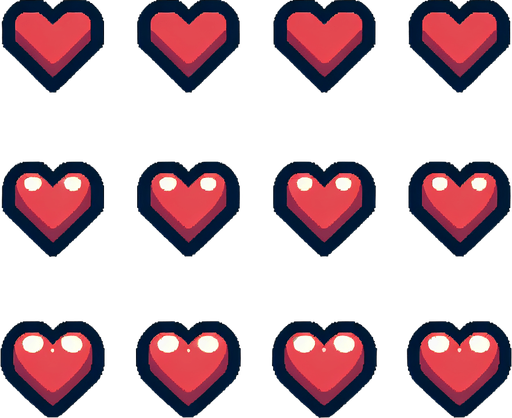 A sprite sheet of heart containers. 
Single Game Texture. In-Game asset. 2d. Blank background. High contrast. No shadows.