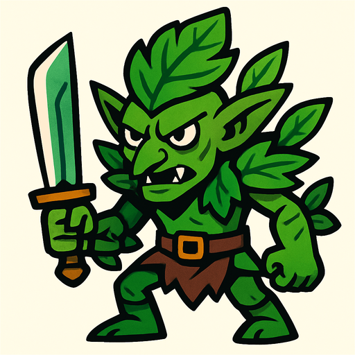 yeşil yapraklı dövüşçü goblin.
In-Game asset.  2d.  High contrast.  No shadows